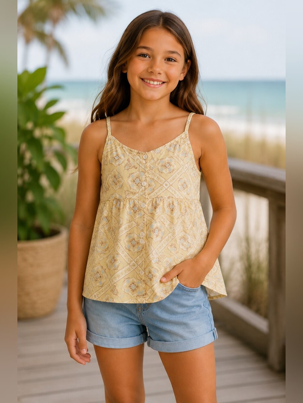 🩷Abercrombie Kids Yellow Boho Button Front Cami Tank Top Size 11/12